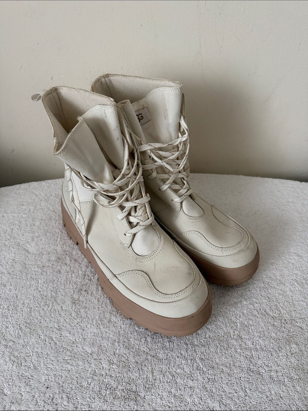 UGG Women's Cream Leather Lace-Up Platform Boots